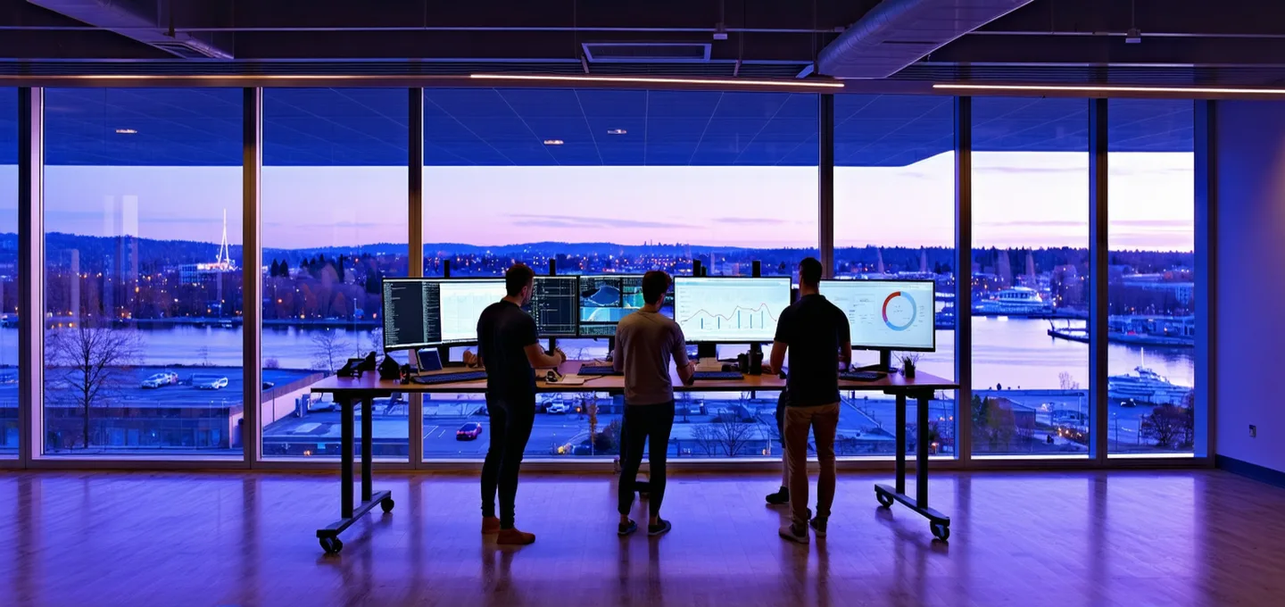 Small data engineering team working in a modern Seattle office, South Lake Union neighborhood visible through windows