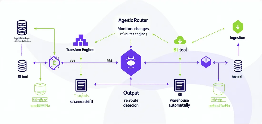 Loomkindle agentic ETL pipeline architecture showing source connectors, transform routing, and monitoring